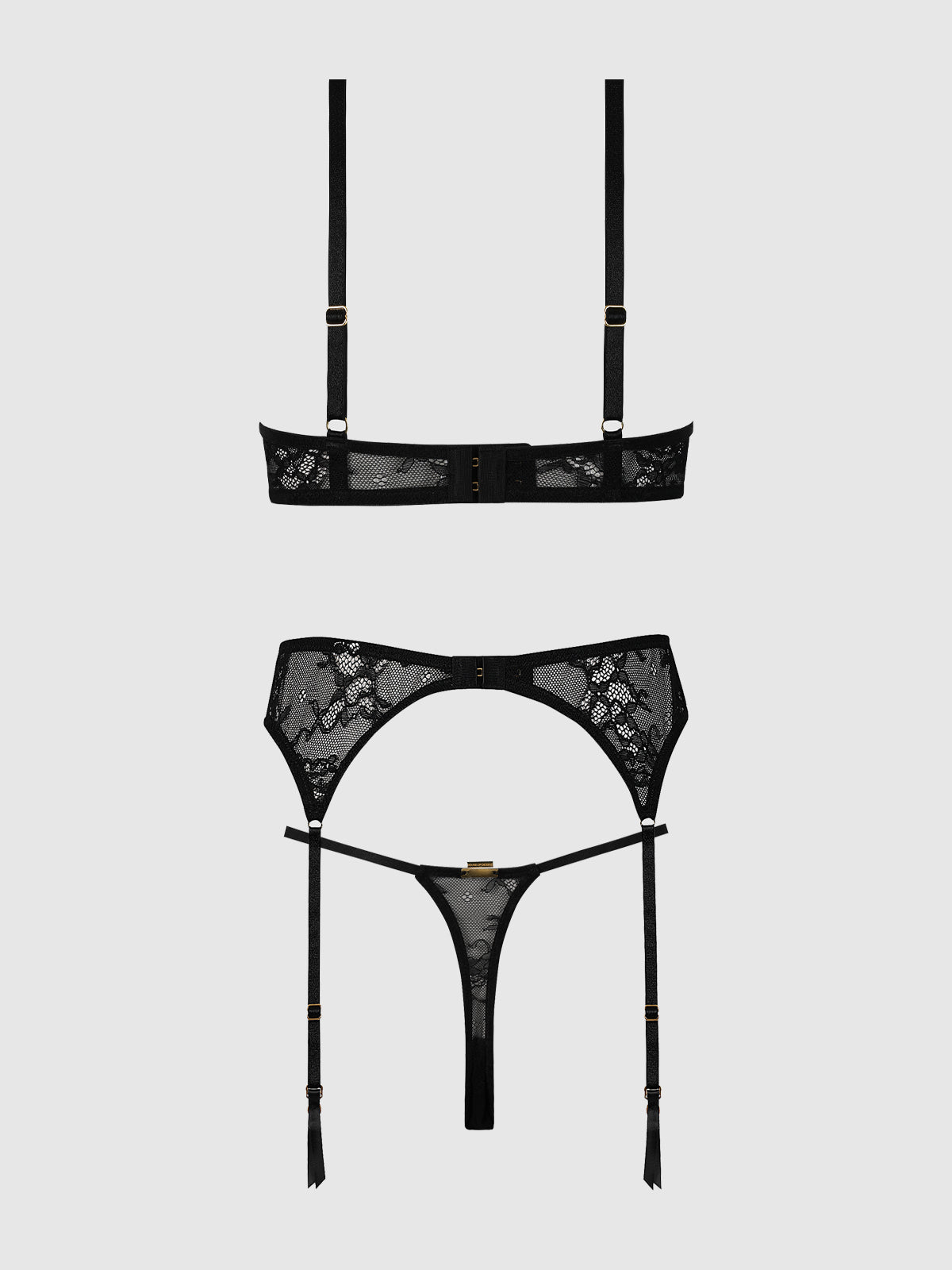 YVONE LACE OPEN CUP BRA, CROTCHLESS THONG & GARTER SET