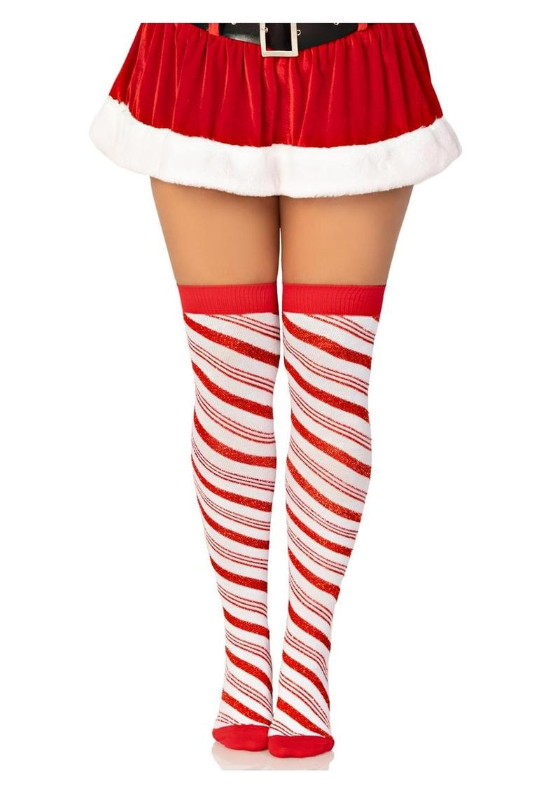 Candy Cane Lurex Striped Over the Knee Socks - OS -