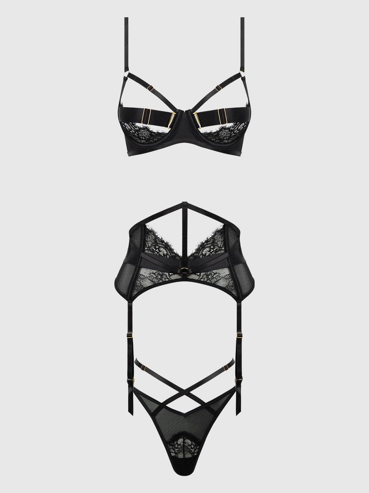 NADIA LACE & MESH BRA, GARTER & G-STRING SET