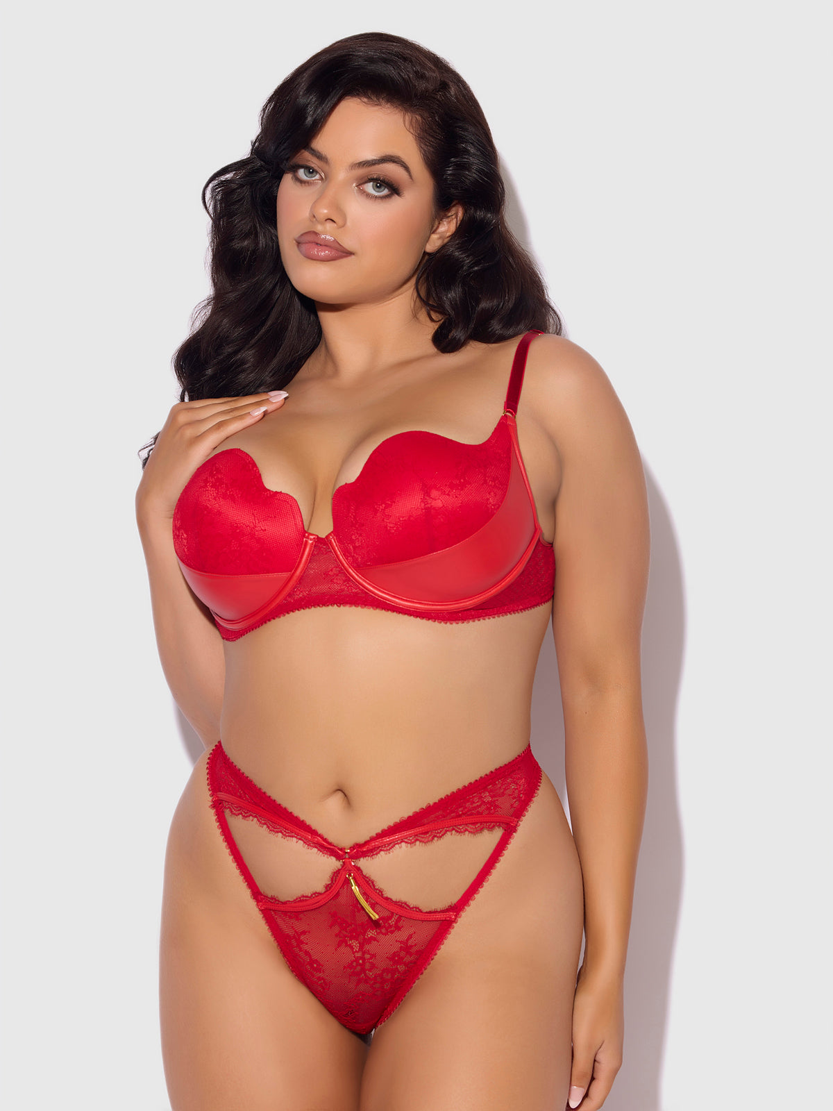 KIKI LACE & FAUX LEATHER BALCONETTE & OPEN BACK HIPSTER SET