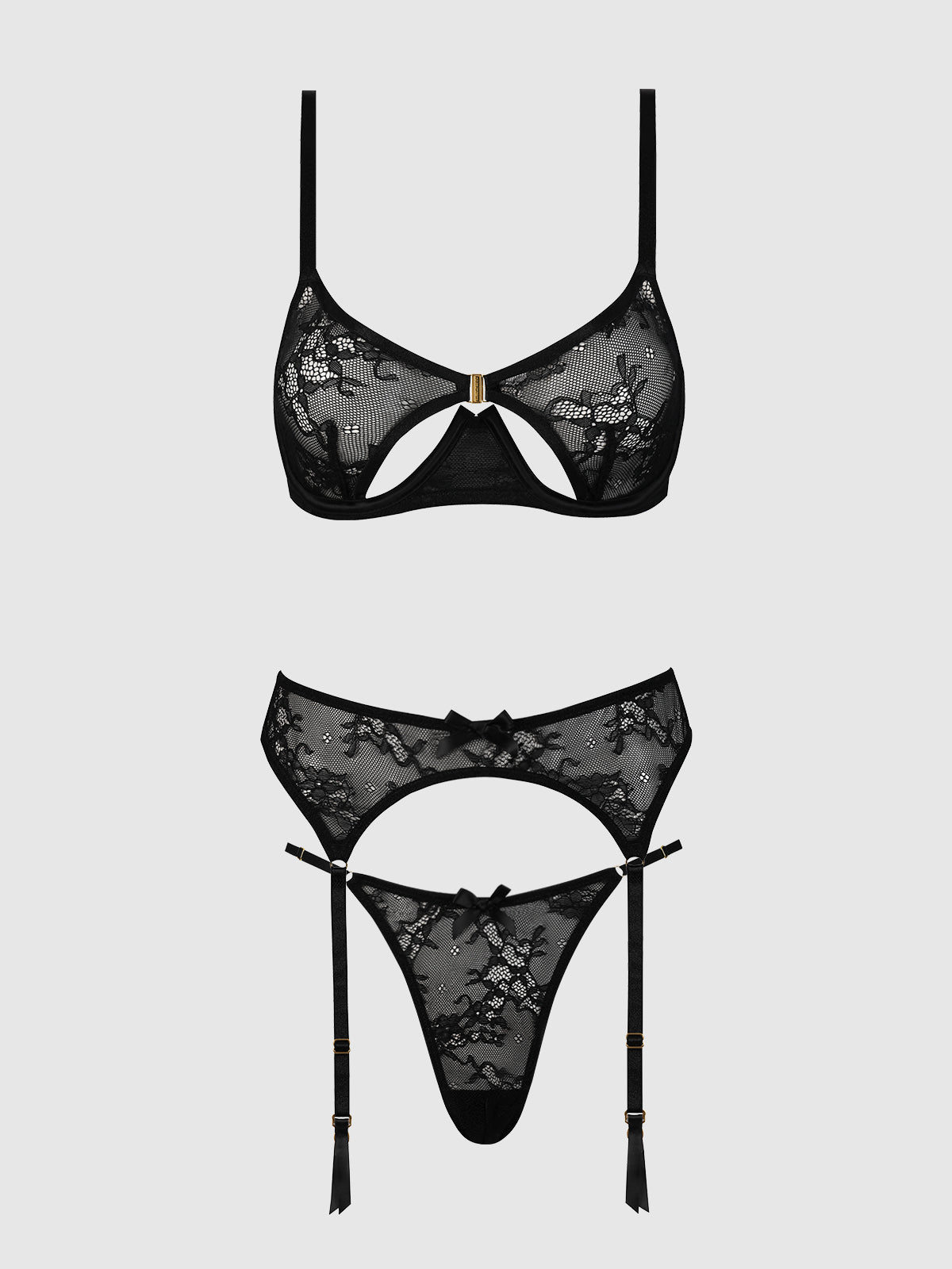 YVONE LACE OPEN CUP BRA, CROTCHLESS THONG & GARTER SET