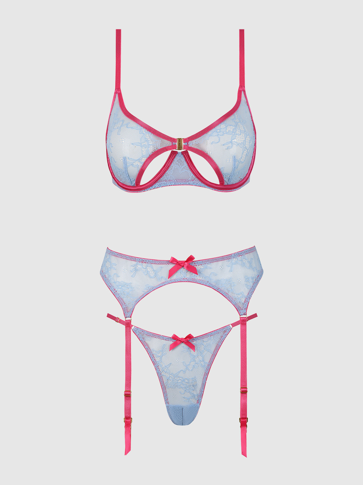 YVONE LACE OPEN CUP BRA, CROTCHLESS THONG & GARTER SET