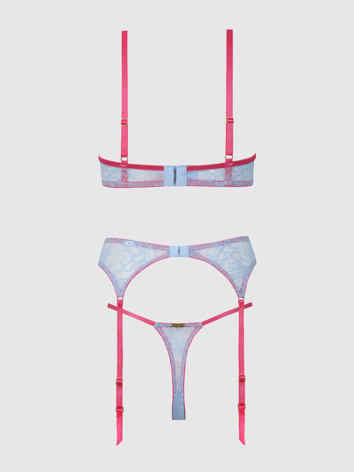 YVONE LACE OPEN CUP BRA, CROTCHLESS THONG & GARTER SET