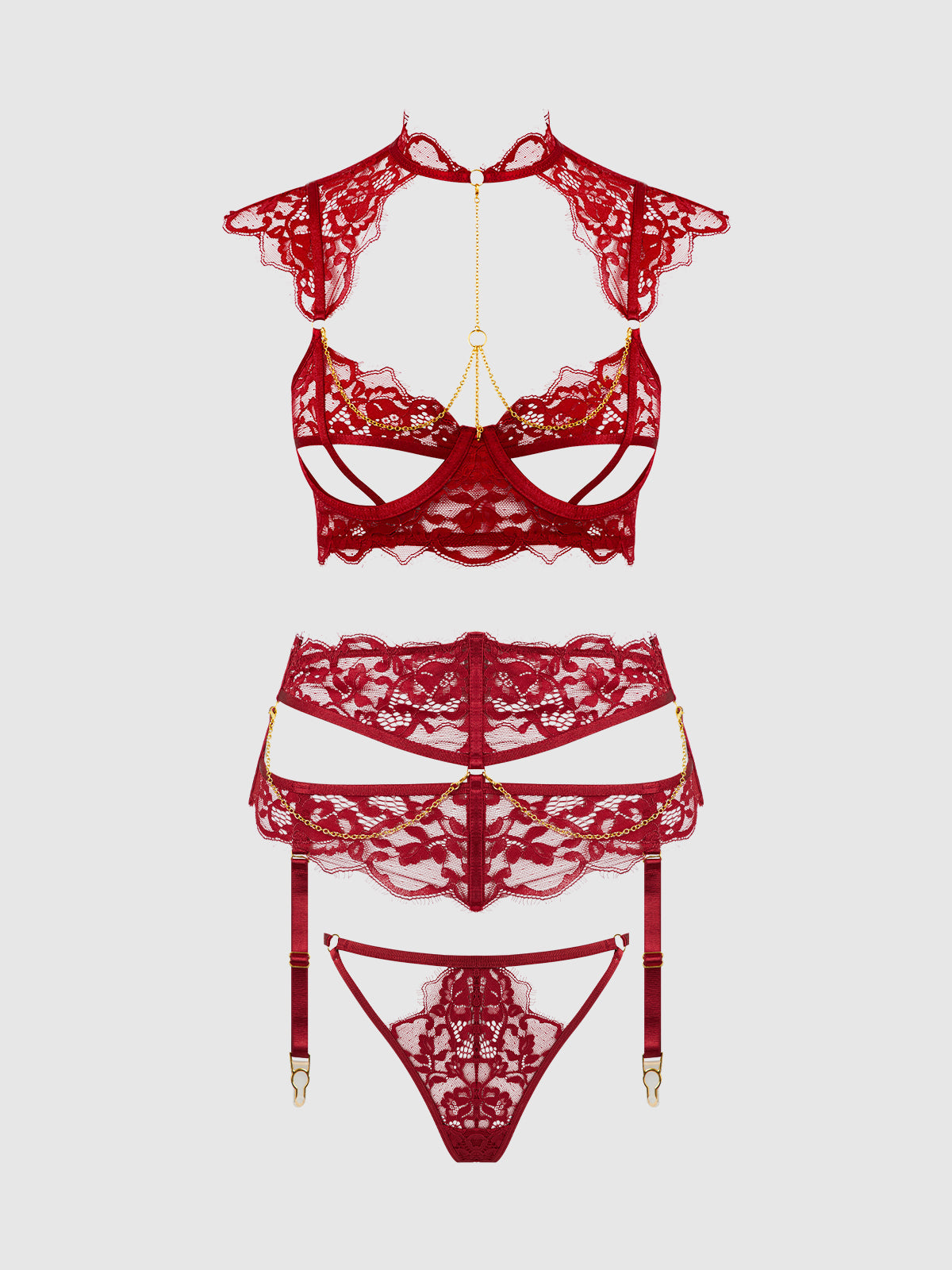 DEZI LACE & CHAIN OPEN CUP BRA, GARTER & G-STRING SET