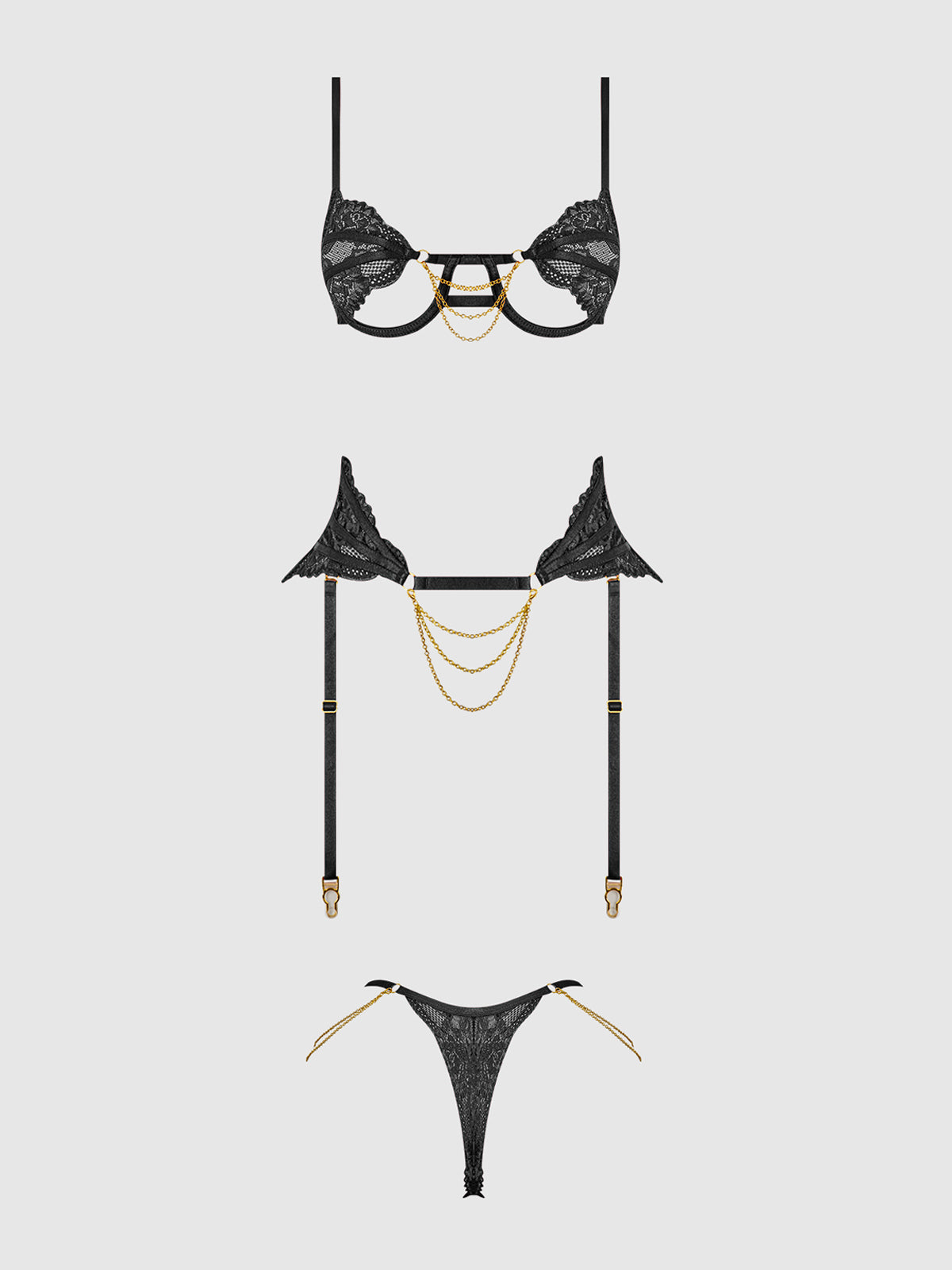 CECILY LACE & CHAIN BRA, GARTER & G-STRING SET