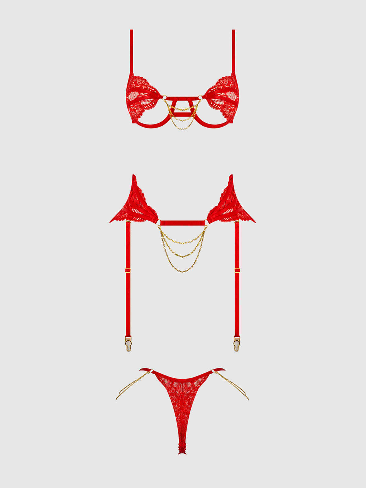 CECILY LACE & CHAIN BRA, GARTER & G-STRING SET