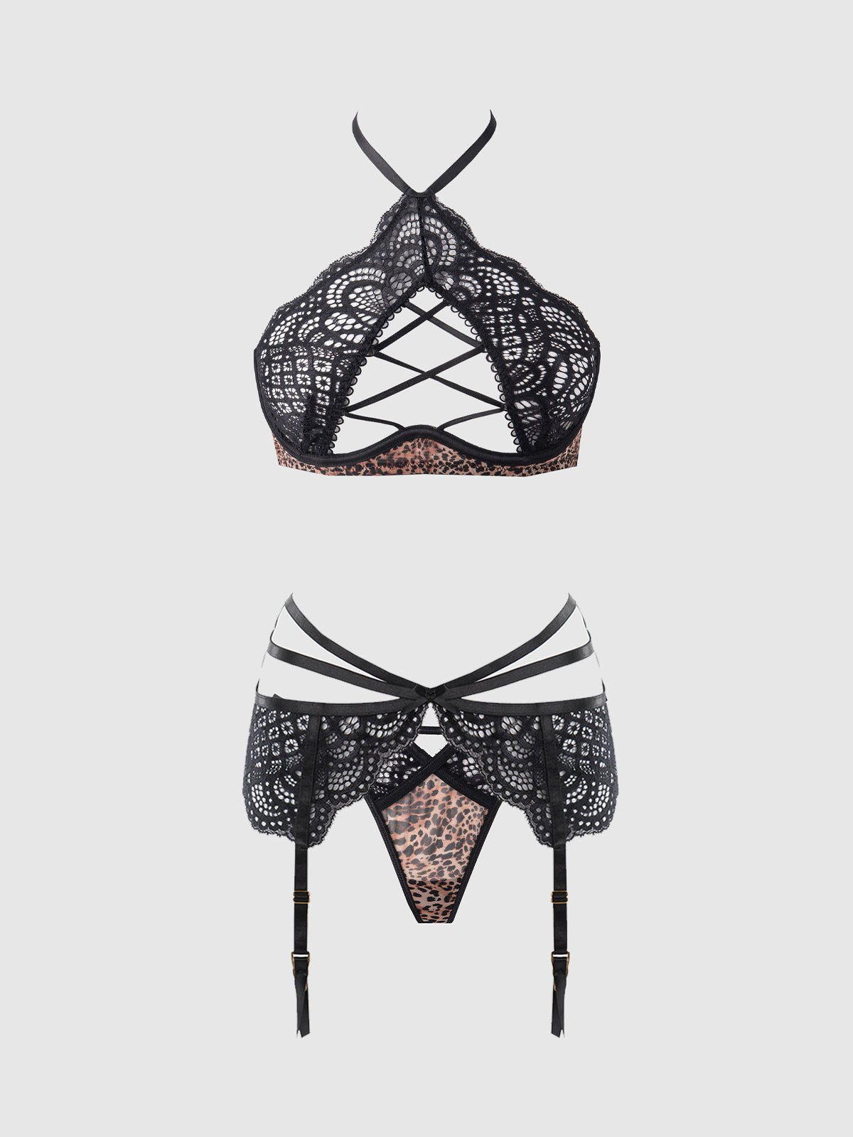 FELICIA LEOPARD MESH & LACE BRA, GARTER & G-STRING SET
