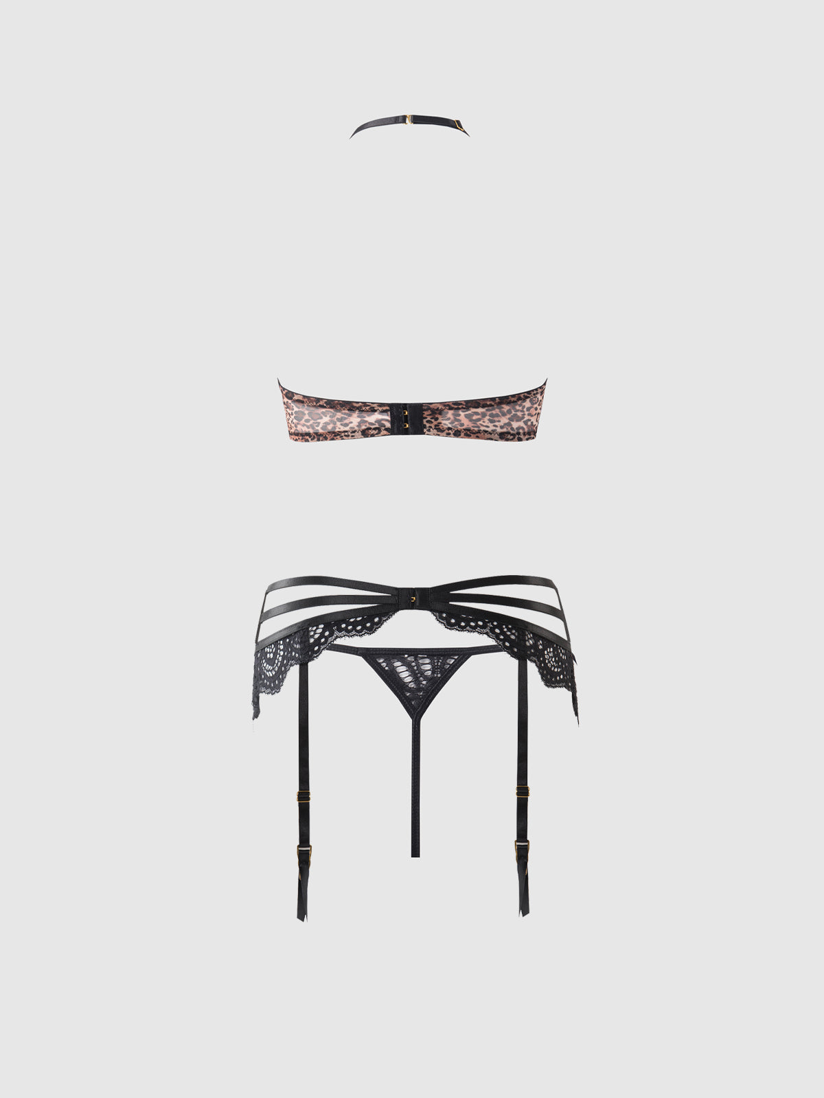 FELICIA LEOPARD MESH & LACE BRA, GARTER & G-STRING SET
