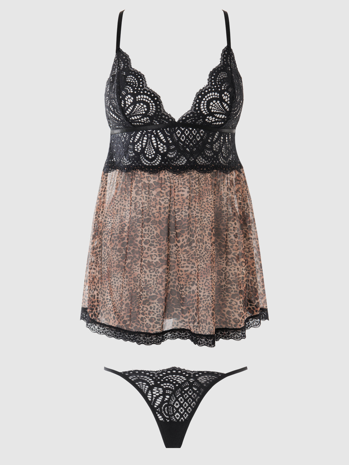 FELICIA LEOPARD MESH & LACE BABYDOLL SET