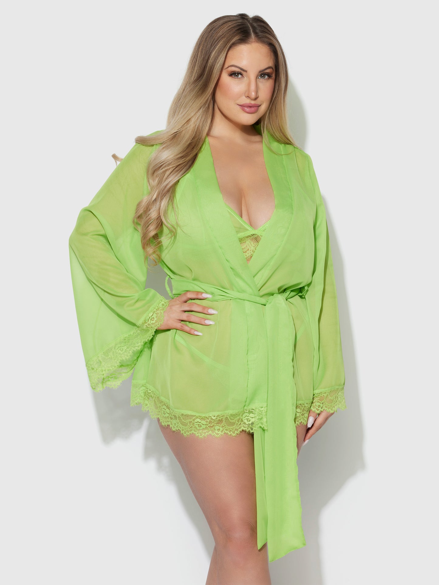 SHAVON LACE & CHIFFON ROBE, BRALETTE & G-STRING SET