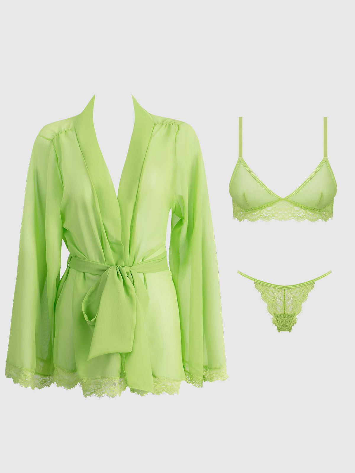 SHAVON LACE & CHIFFON ROBE, BRALETTE & G-STRING SET