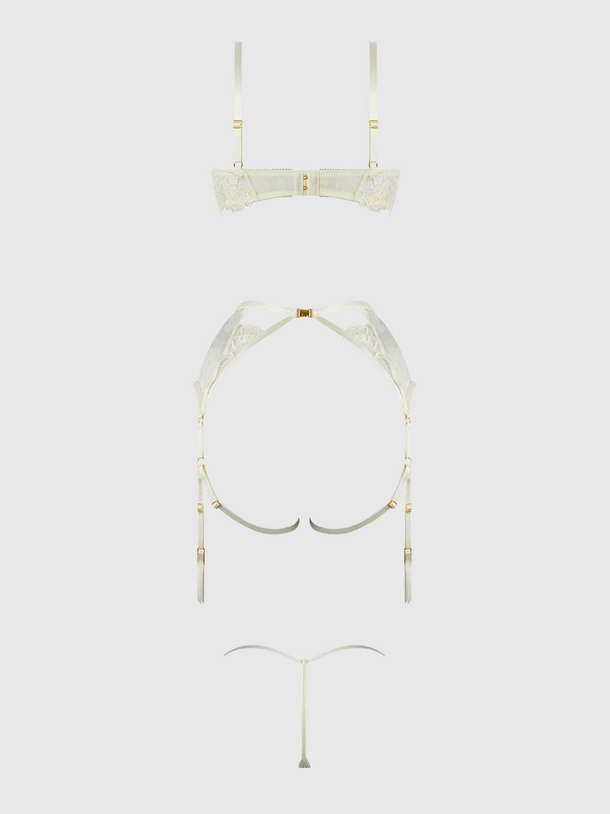 ROSALIE EMBROIDERED LACE OPEN-CUP BRA, GARTER & G-STRING SET