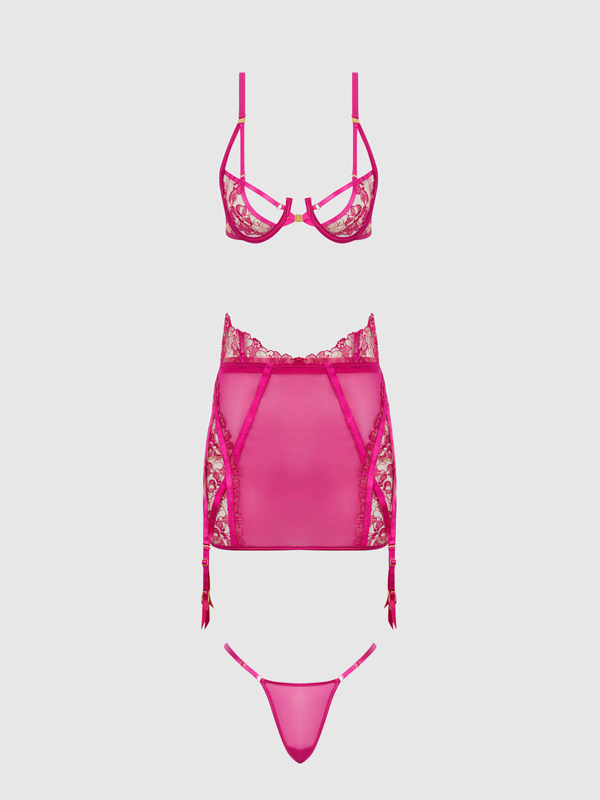 NOVA BLACKLIGHT LACE BRA, SKIRT & G-STRING SET