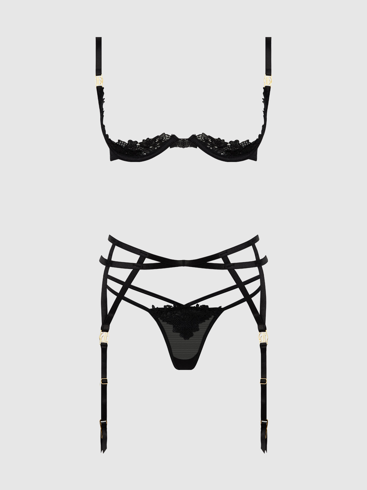 ASHLEY ALEXISS LACE OPEN CUP BRA, G-STRING & GARTER SET
