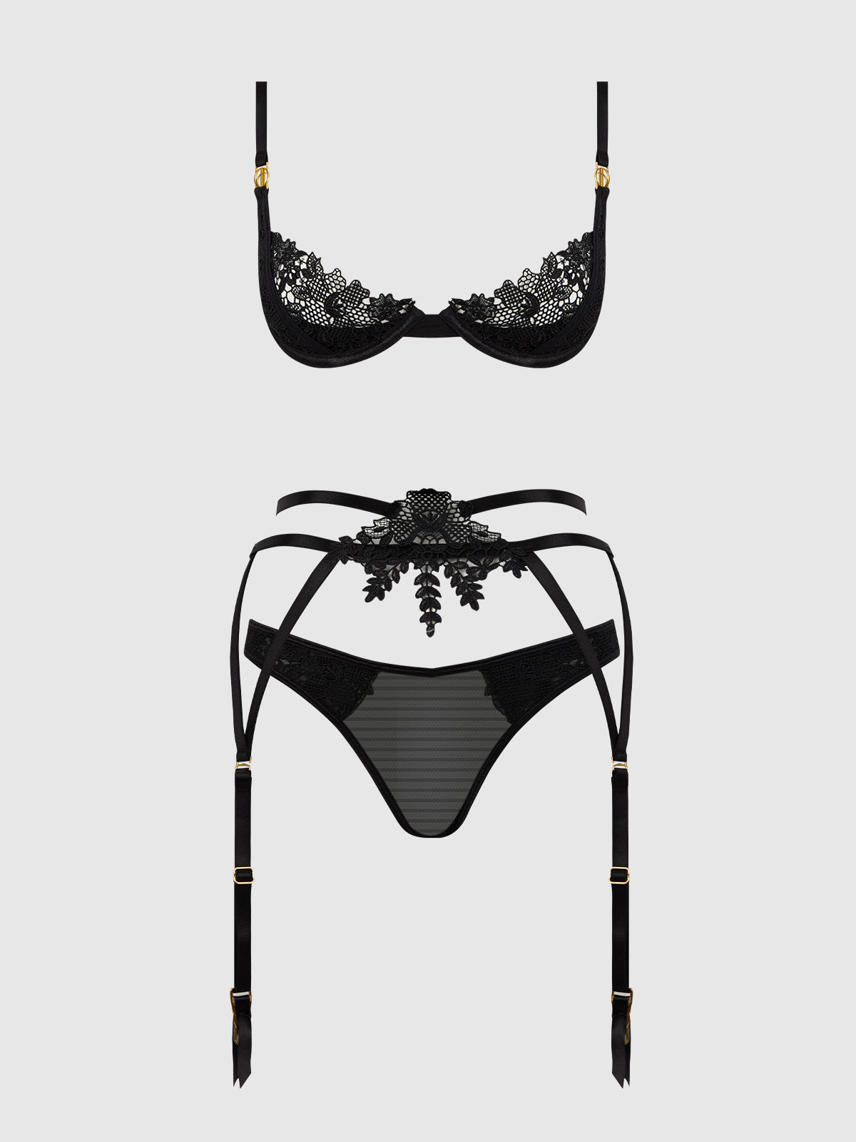 ASHLEY ALEXISS LACE DEMI BRA, BIKINI & GARTER SET
