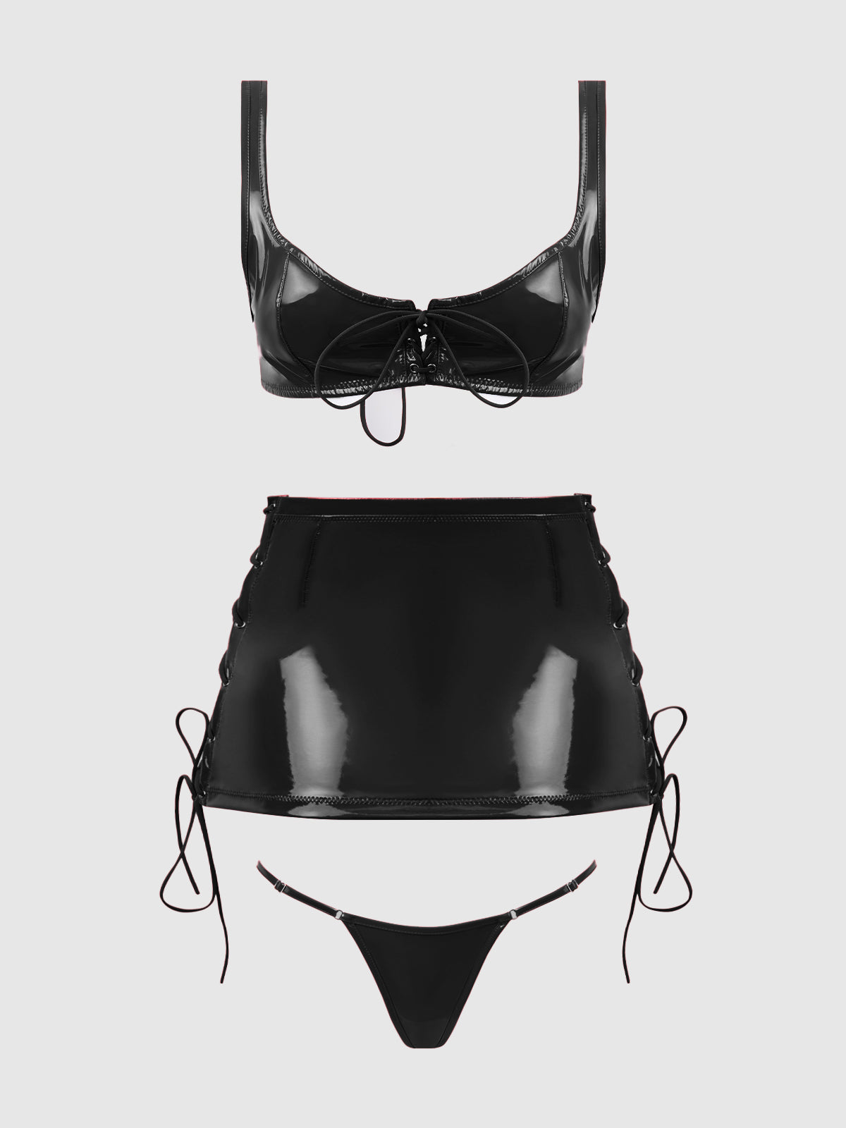 TRINITY PATENT LACE UP BRALETTE, SKIRT & G-STRING SET