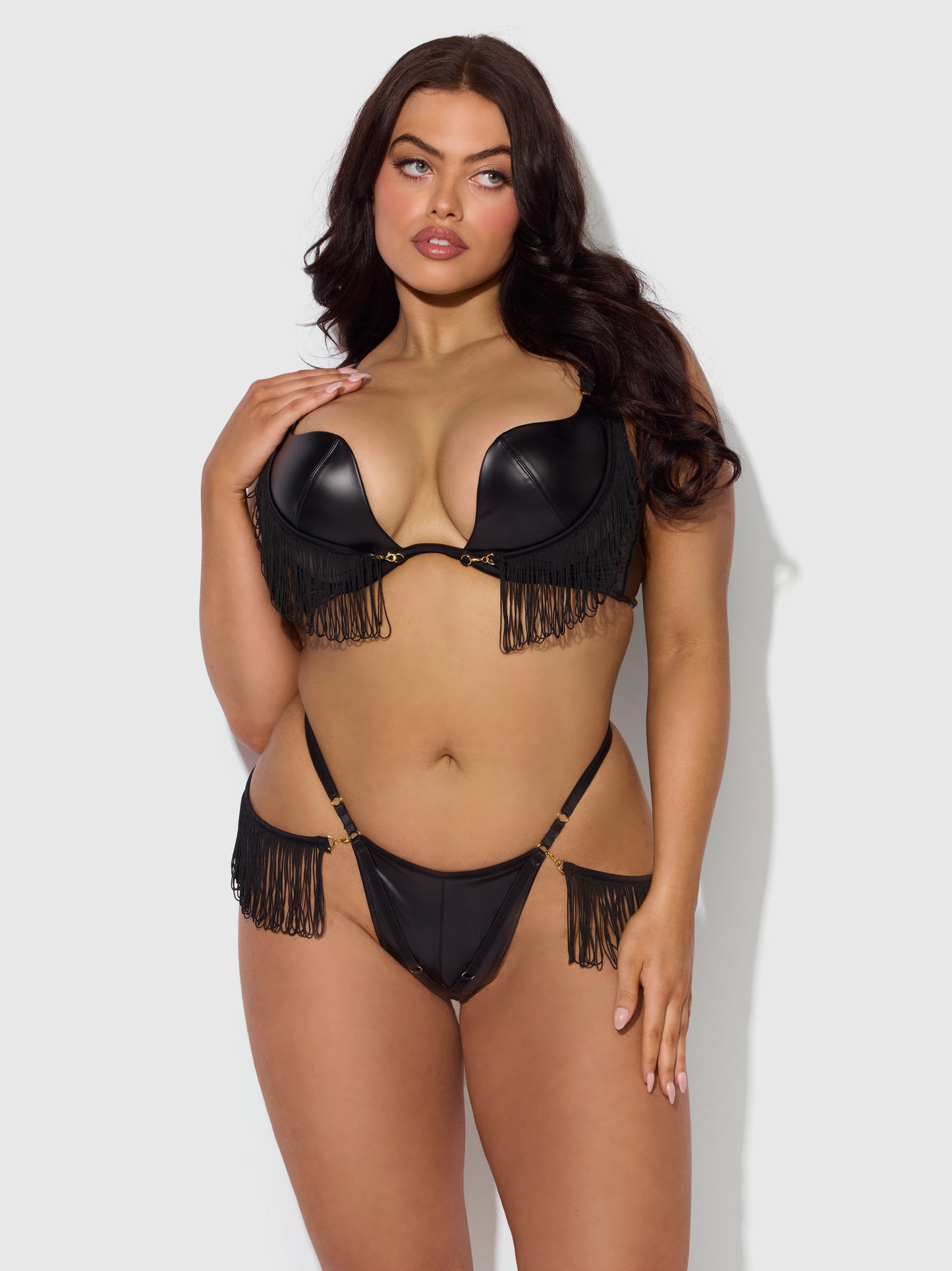 PHOENIX FAUX LEATHER & FRINGE PUSH UP BRA & THONG SET