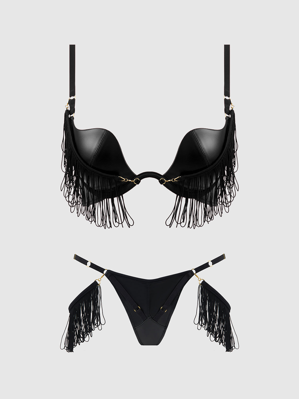 PHOENIX FAUX LEATHER & FRINGE PUSH UP BRA & THONG SET
