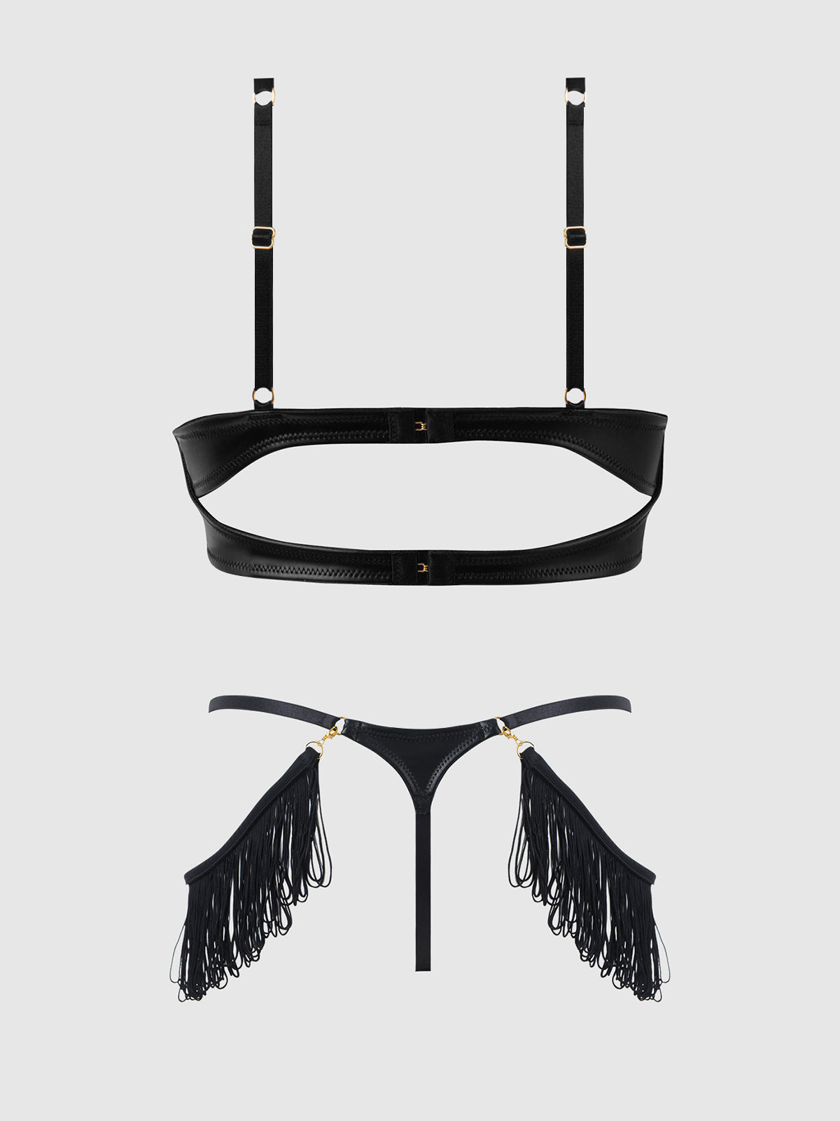 PHOENIX FAUX LEATHER & FRINGE PUSH UP BRA & THONG SET