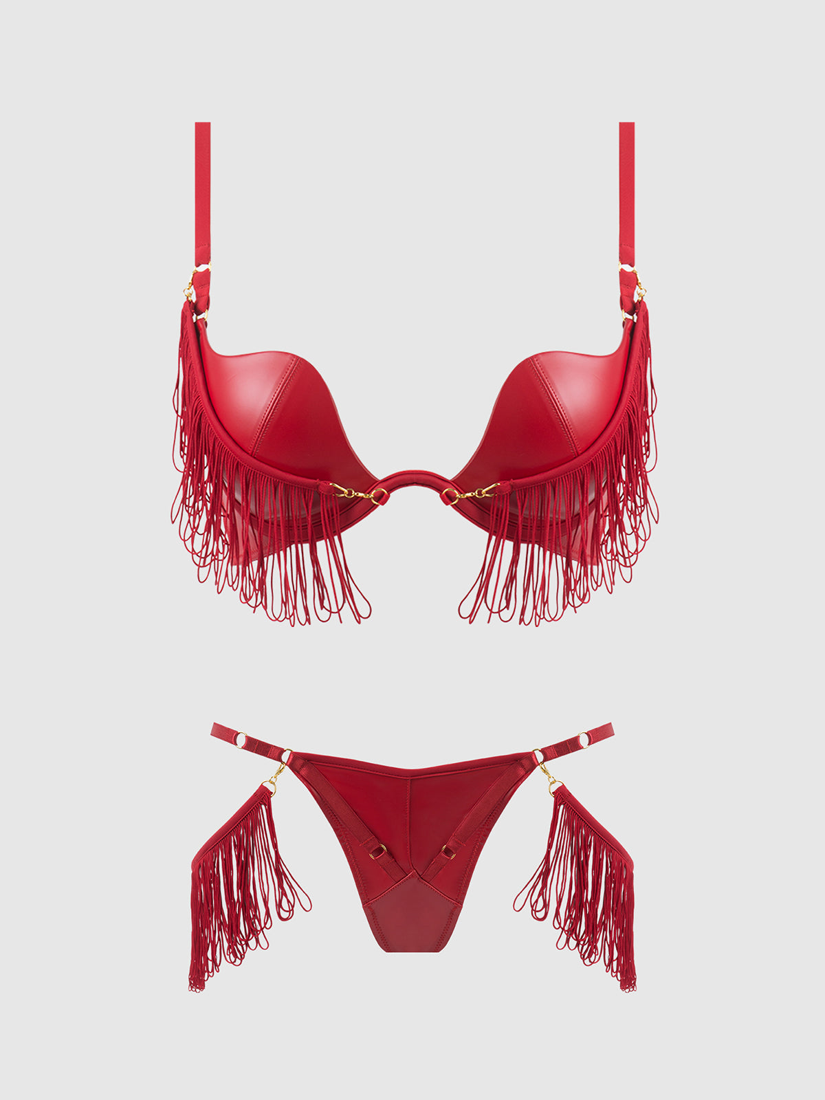 PHOENIX FAUX LEATHER & FRINGE PUSH UP BRA & THONG SET