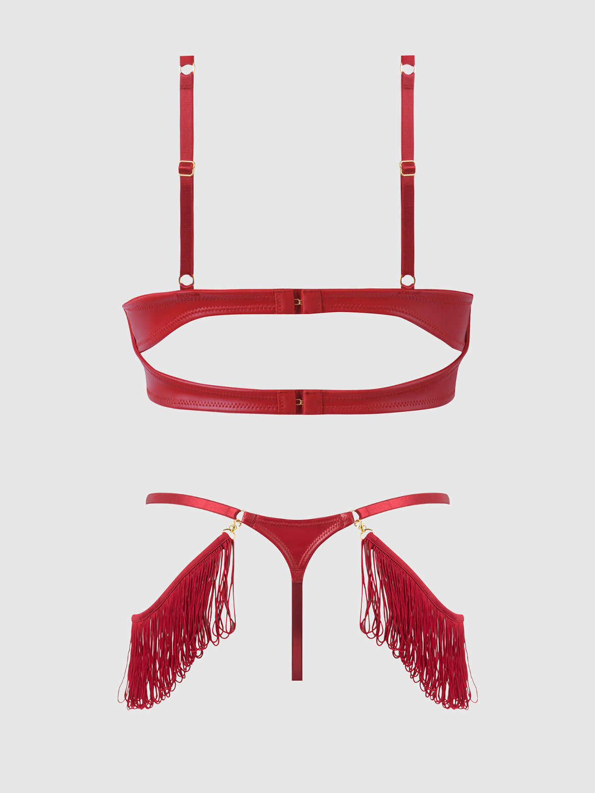 PHOENIX FAUX LEATHER & FRINGE PUSH UP BRA & THONG SET