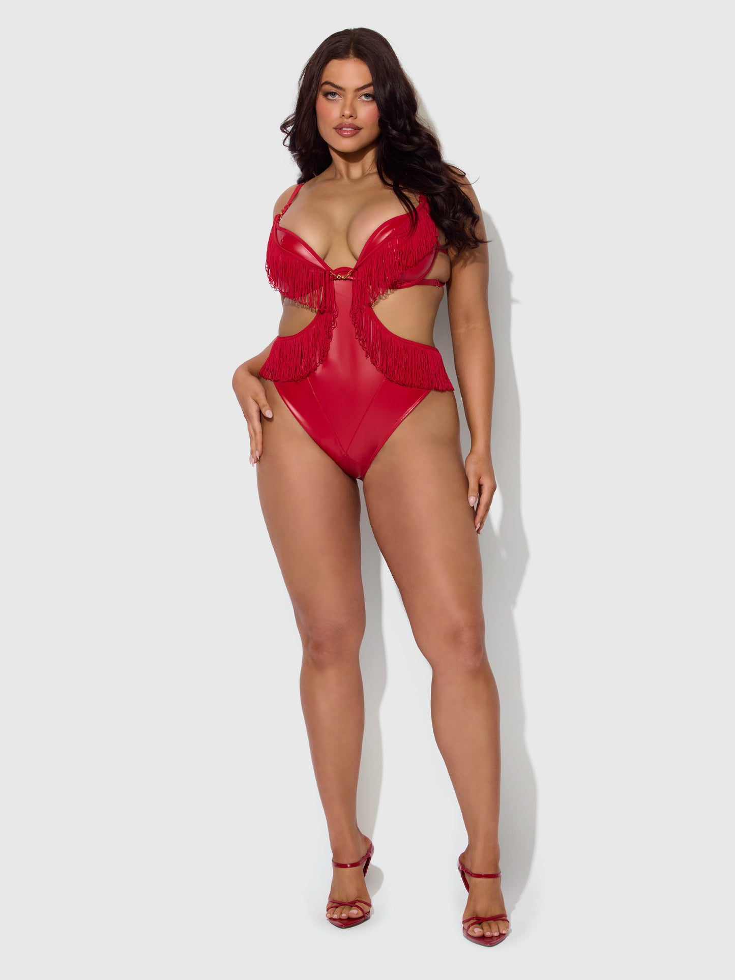 PHOENIX FAUX LEATHER & FRINGE CROTCHLESS TEDDY