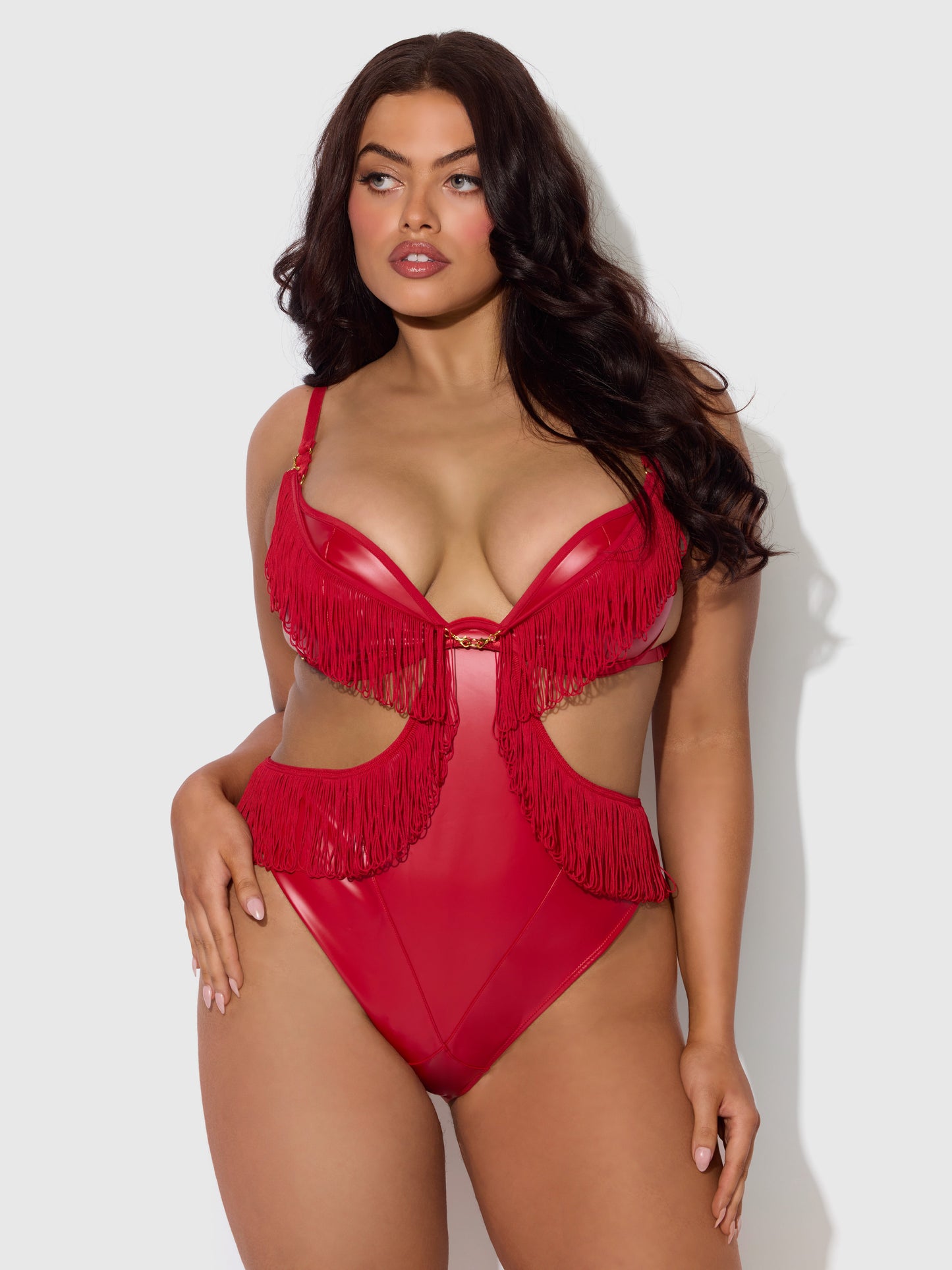 PHOENIX FAUX LEATHER & FRINGE CROTCHLESS TEDDY