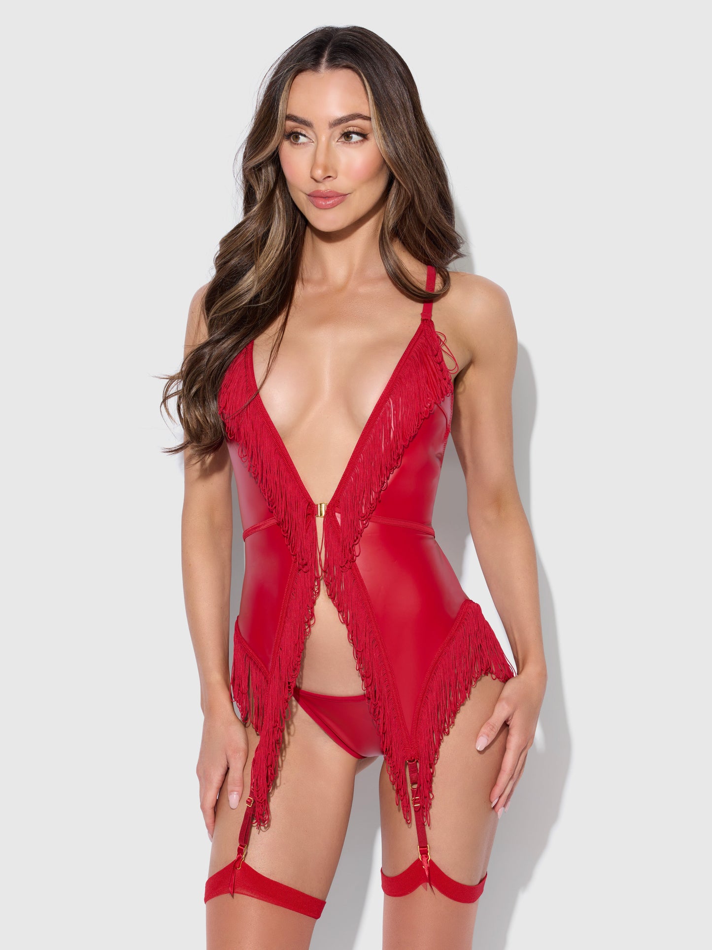 PHOENIX FAUX LEATHER & FRINGE CHEMISE & G-STRING SET