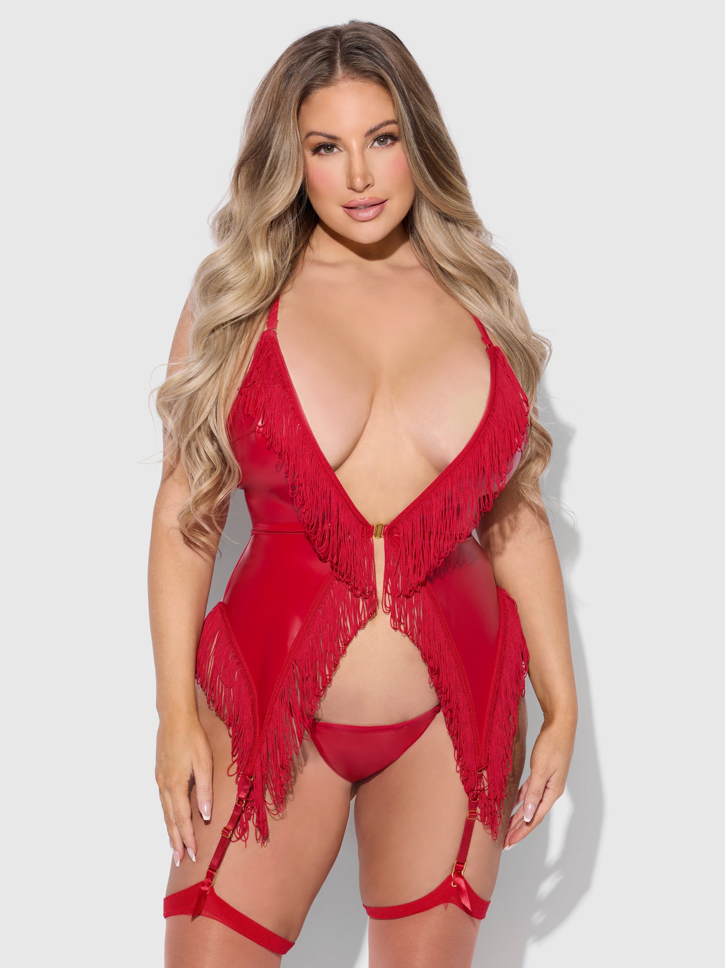 PHOENIX FAUX LEATHER & FRINGE CHEMISE & G-STRING SET
