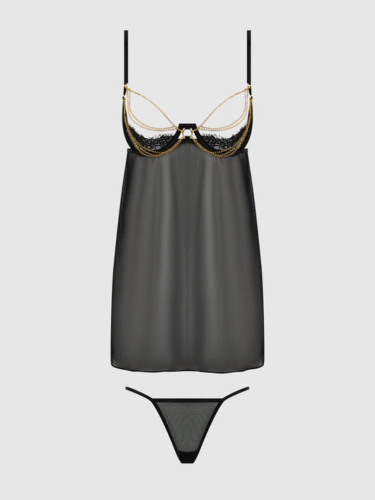 EVE LACE, CHAIN & MESH OPEN CUP BABYDOLL & G-STRING SET