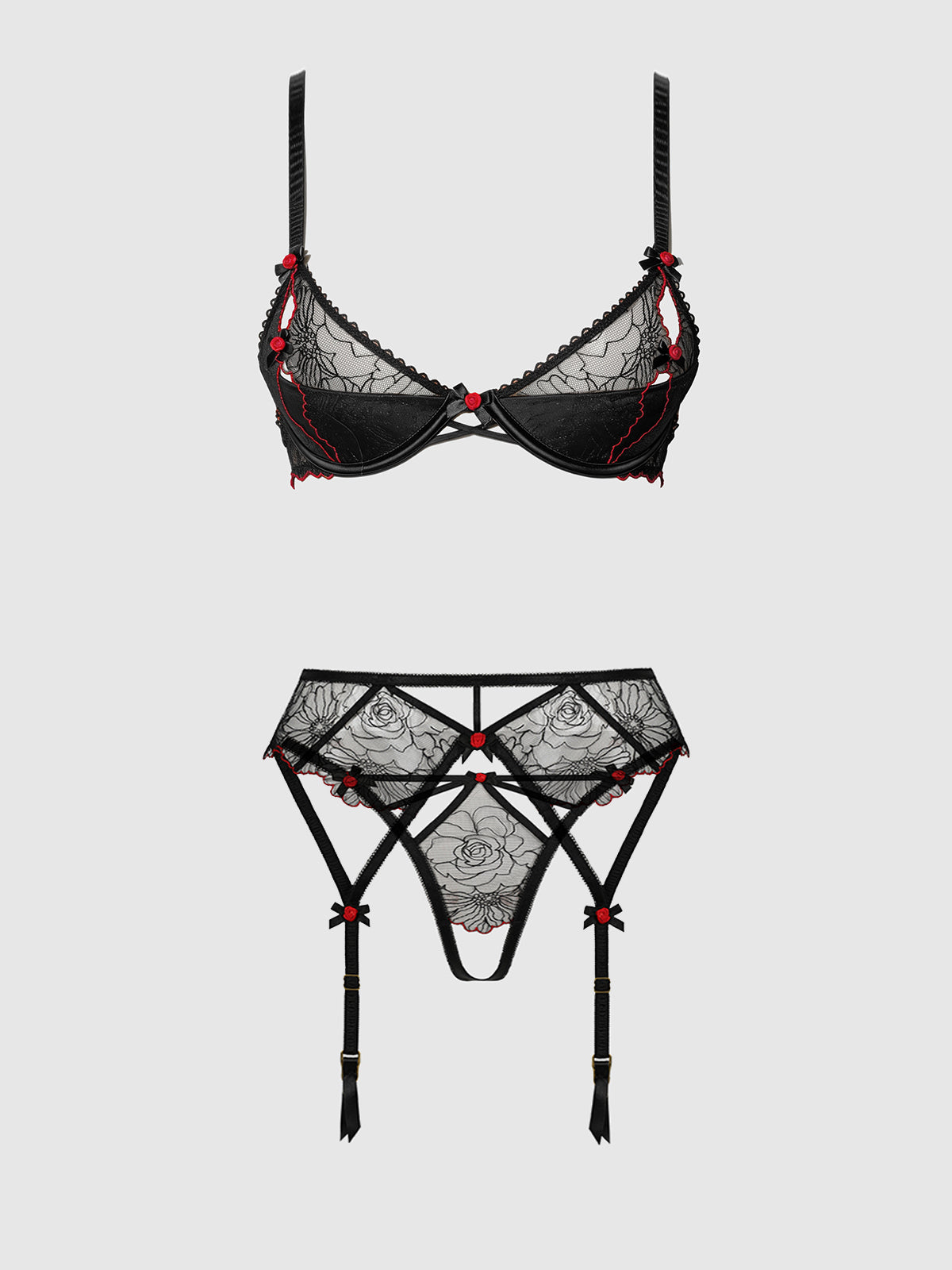 ILENA EMBROIDERED TULLE BRA, GARTER & CROTCHLESS BIKINI