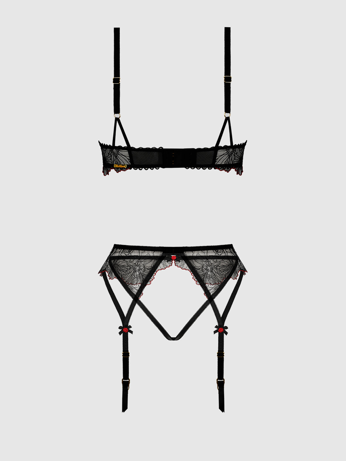 ILENA EMBROIDERED TULLE BRA, GARTER & CROTCHLESS BIKINI