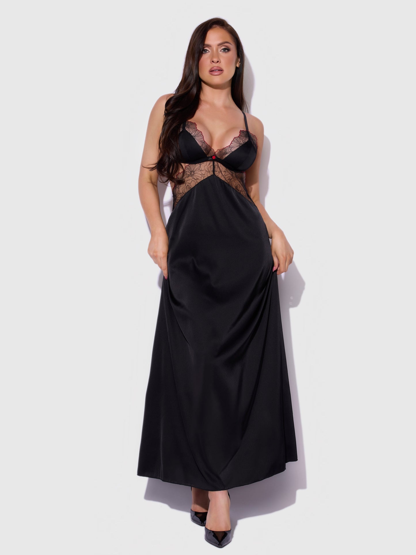 ILENA EMBROIDERED TULLE TRIANGLE TOP LONG GOWN
